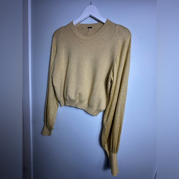 Free People Let it Shine Mustard  Metallic Glitter Ballon Sleeve Light Sweater M - Picture 10 of 16